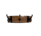 Wine barrel stave coat rack with black metal hooks and reclaimed timber finish