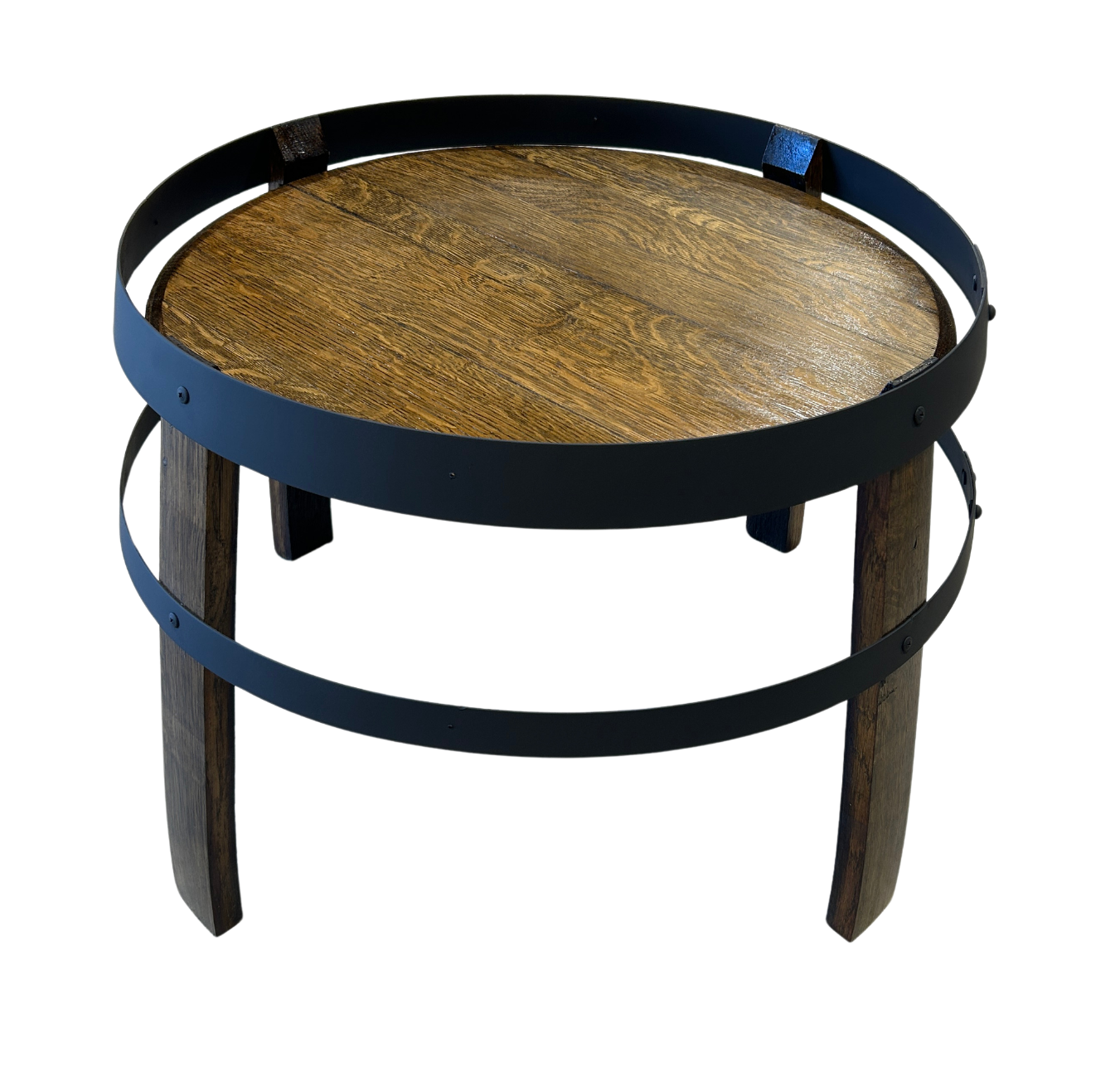 Wine barrel coffee table in Black Japan stain with matte black steel hoops