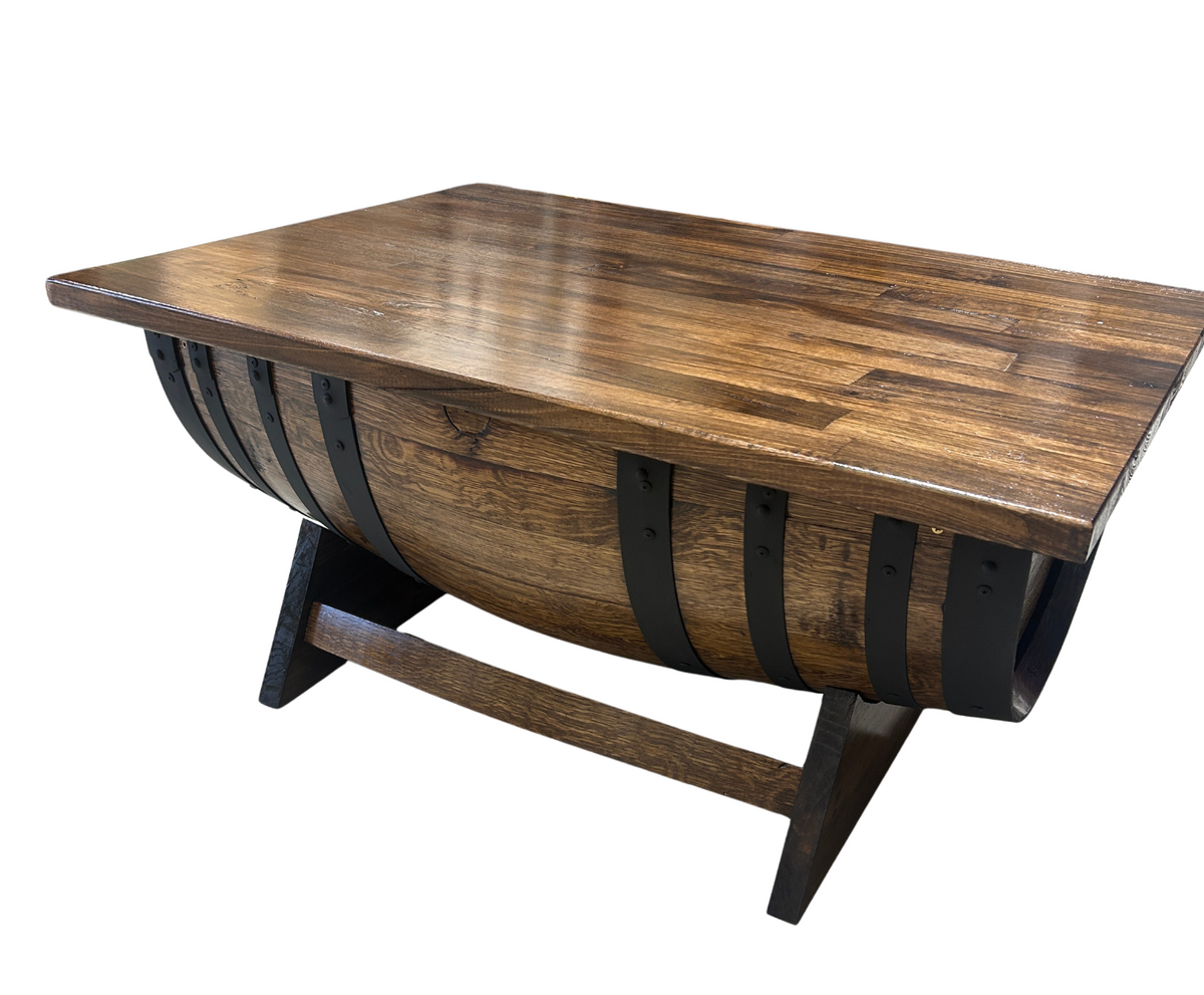 Half wine barrel coffee table with lift-top storage and solid timber top - Brown Japan stain with black steel matt hoops