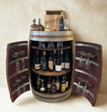 Handcrafted wine barrel mini bar with bottle and glass storage – rustic home bar furniture