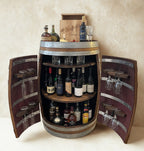 Handcrafted wine barrel mini bar with bottle and glass storage – rustic home bar furniture