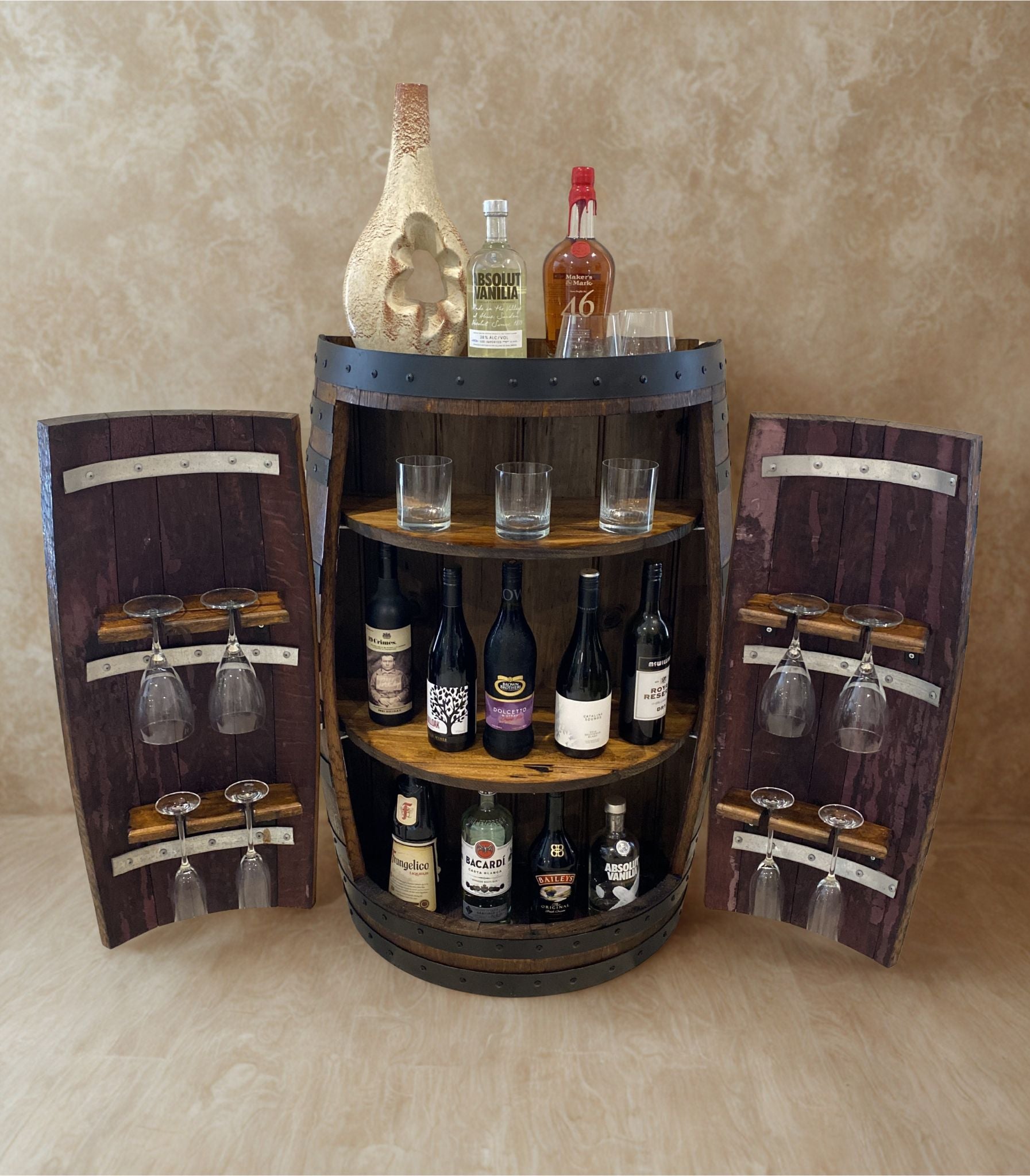 Handcrafted wine barrel mini bar with bottle and glass storage – rustic home bar furniture