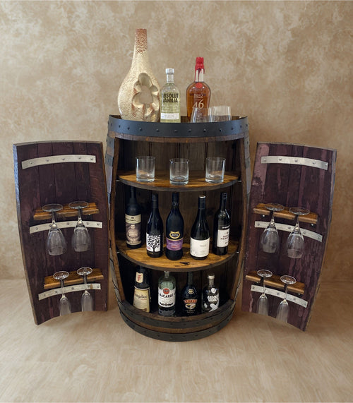 Handcrafted wine barrel mini bar with bottle and glass storage – rustic home bar furniture