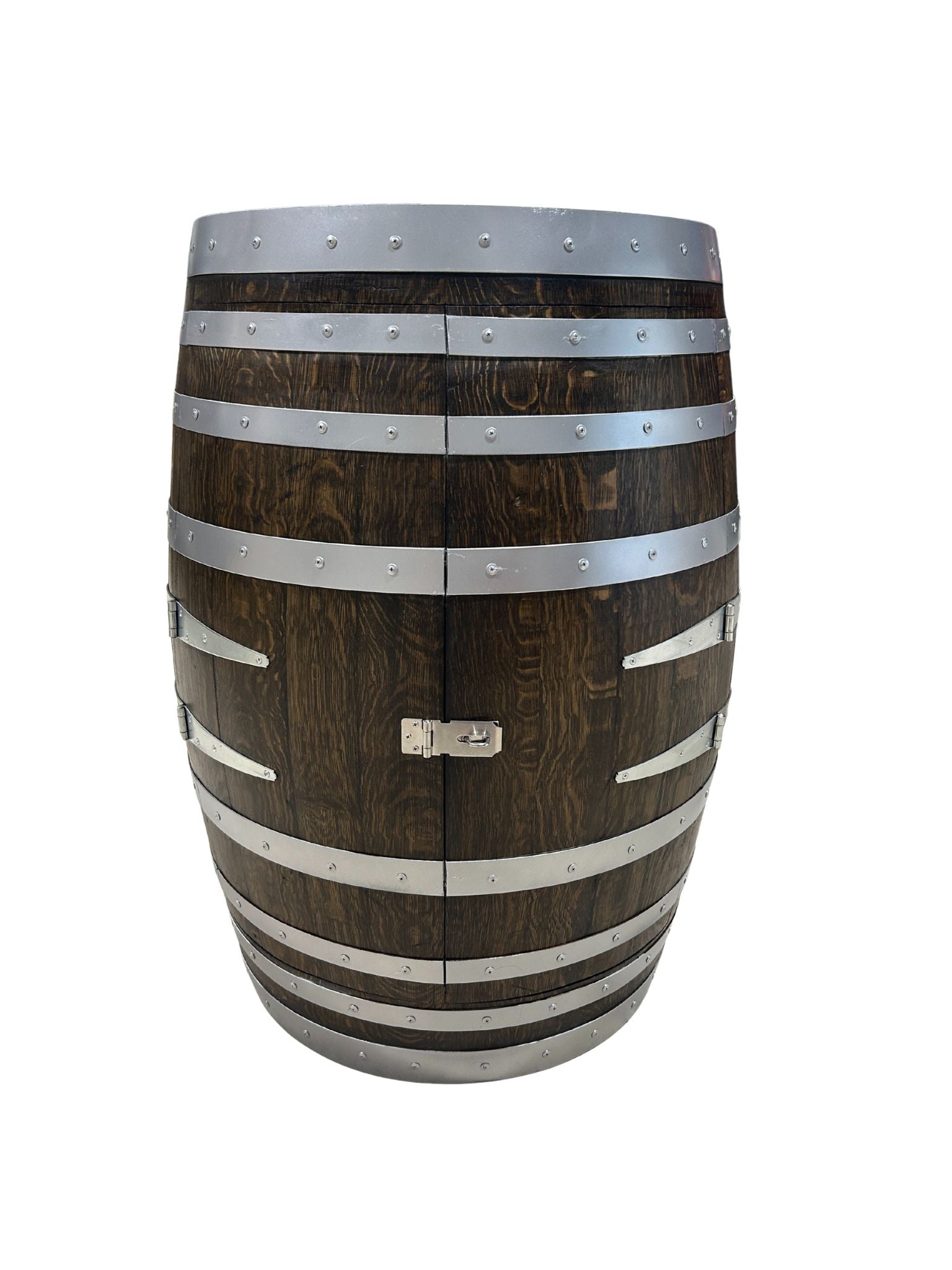 Handcrafted wine barrel mini bar with bottle and glass storage – rustic home bar furniture