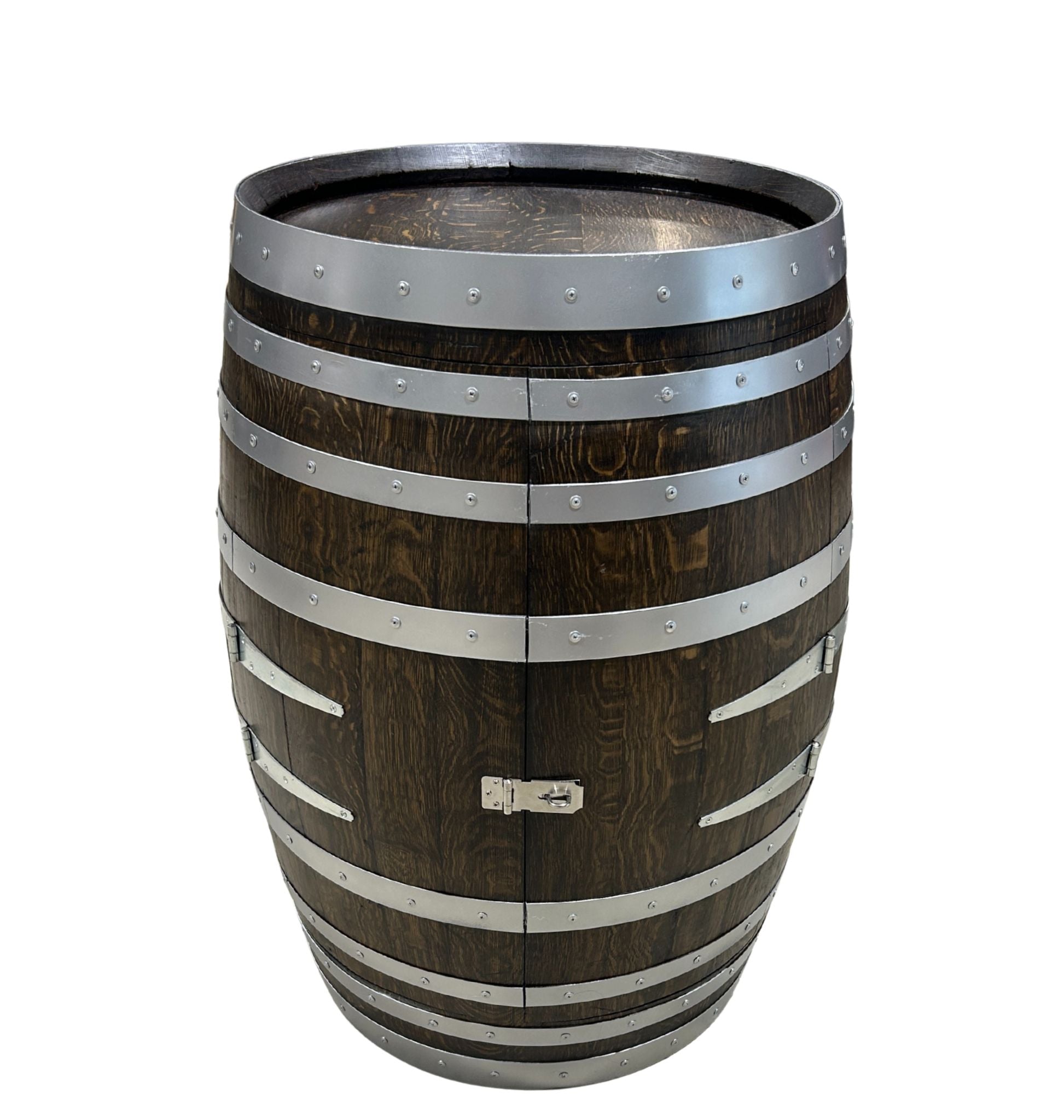 Handcrafted wine barrel mini bar with bottle and glass storage – rustic home bar furniture