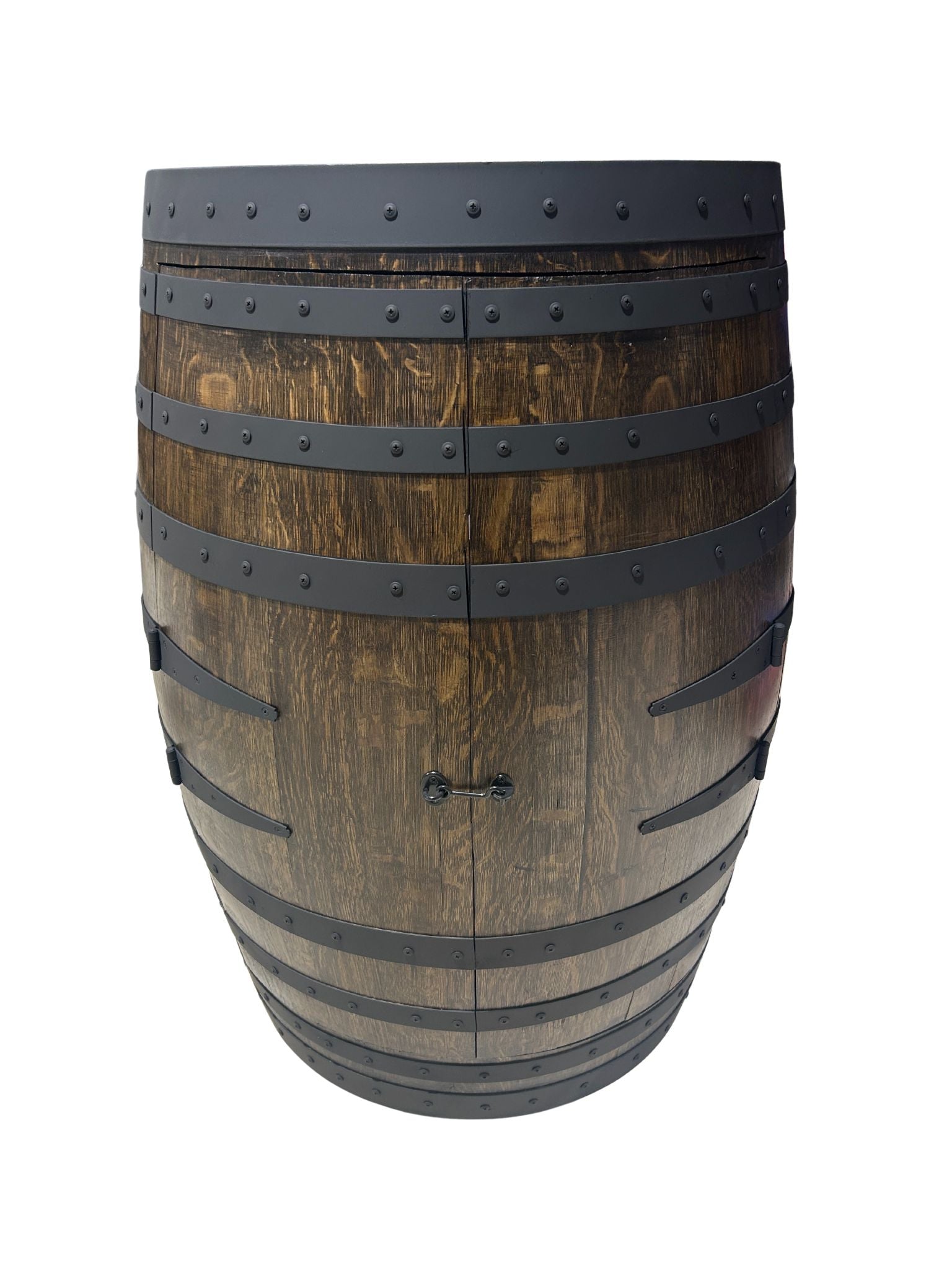 Handcrafted wine barrel mini bar with bottle and glass storage – rustic home bar furniture