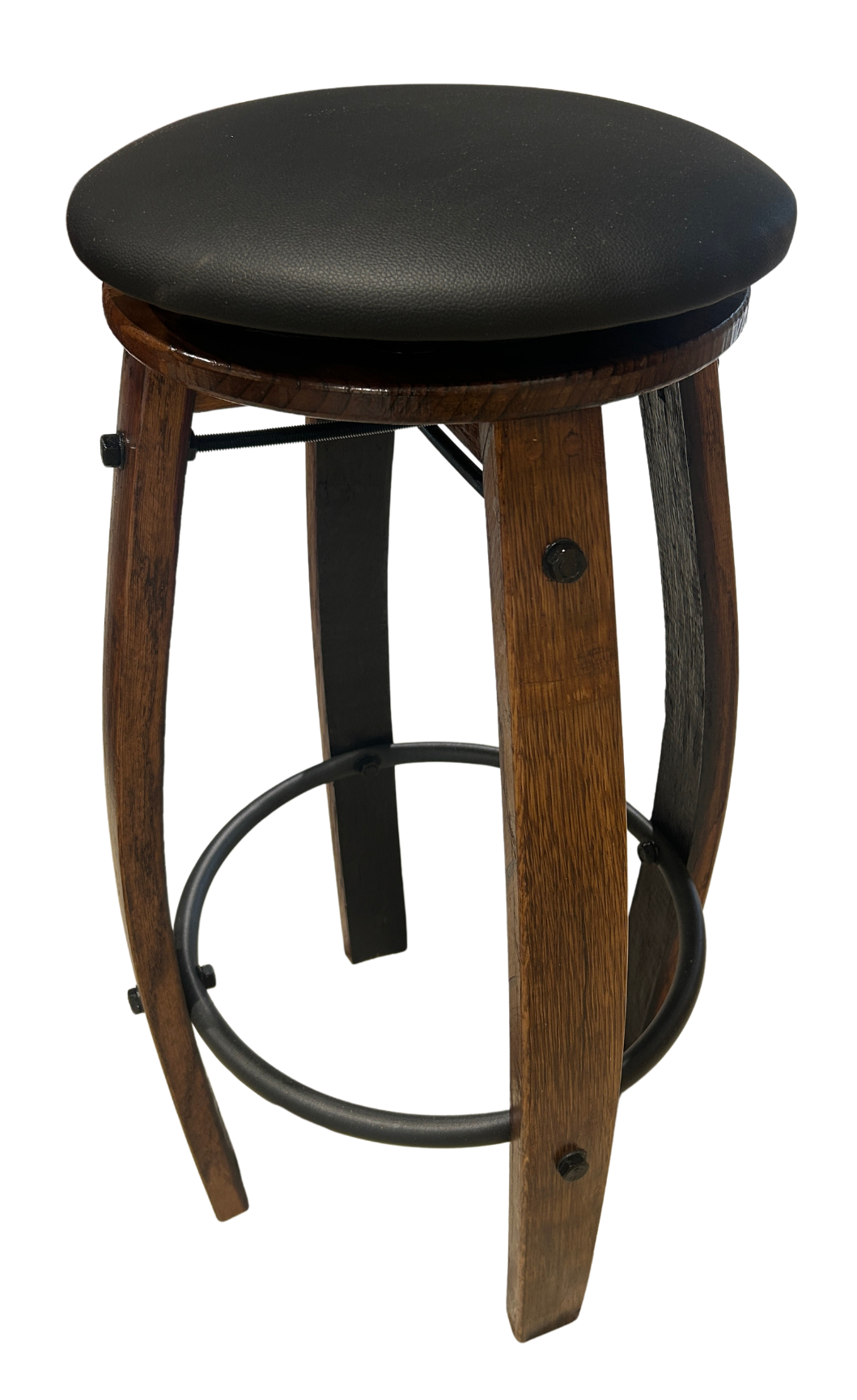 Wine barrel bar stool in Walnut stain with black padded seat
