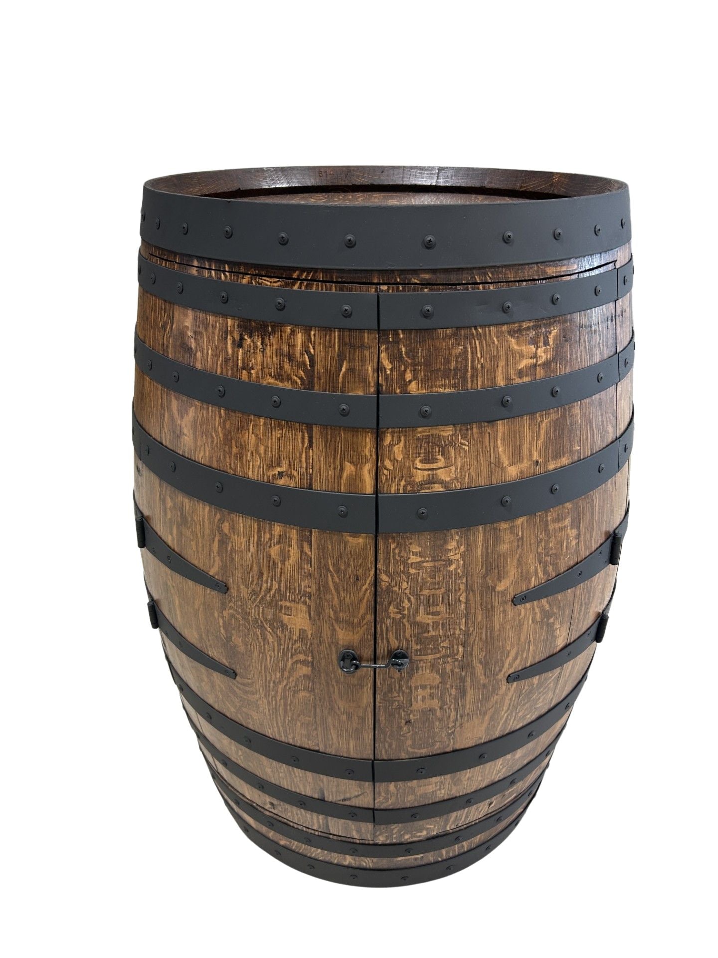 Handcrafted wine barrel mini bar with bottle and glass storage – rustic home bar furniture