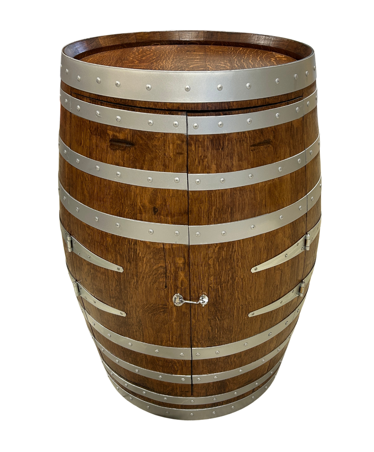 Full wine barrel bar in Walnut stain with silver hoops