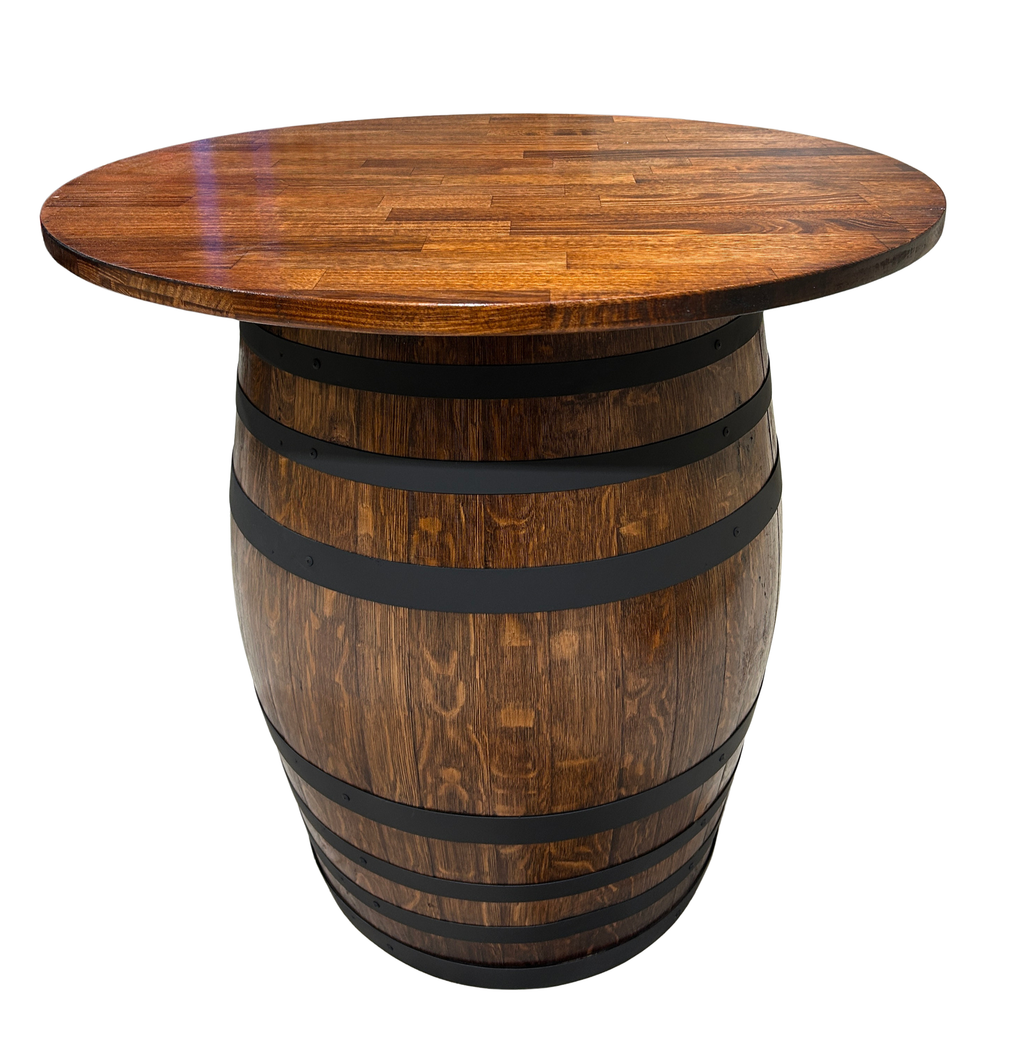 Wine barrel table with Tasmanian Oak top and matt black steel bands, walnut stain, handcrafted in Australia.