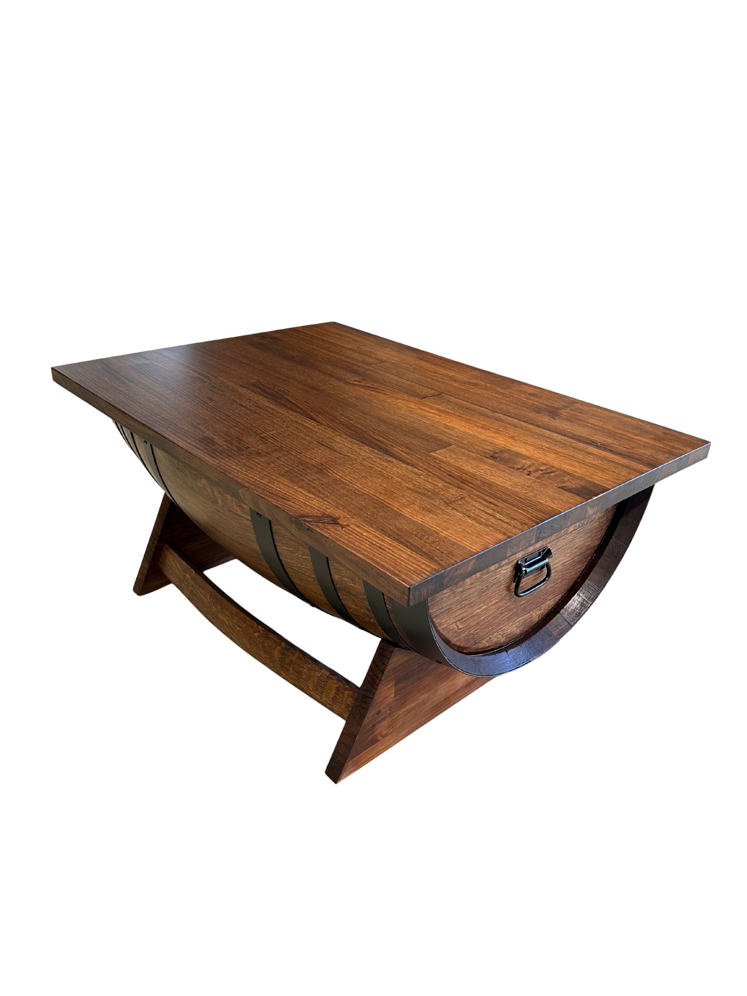 Rustic wine barrel coffee table with lift-top desk and hidden storage – handcrafted furniture for home or office