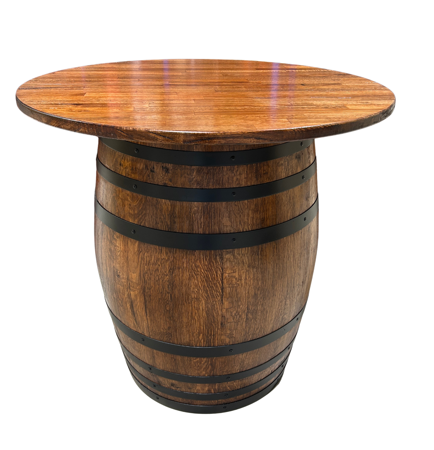 Wine barrel table with Tasmanian Oak top and black steel bands, walnut stain, handcrafted in Australia.