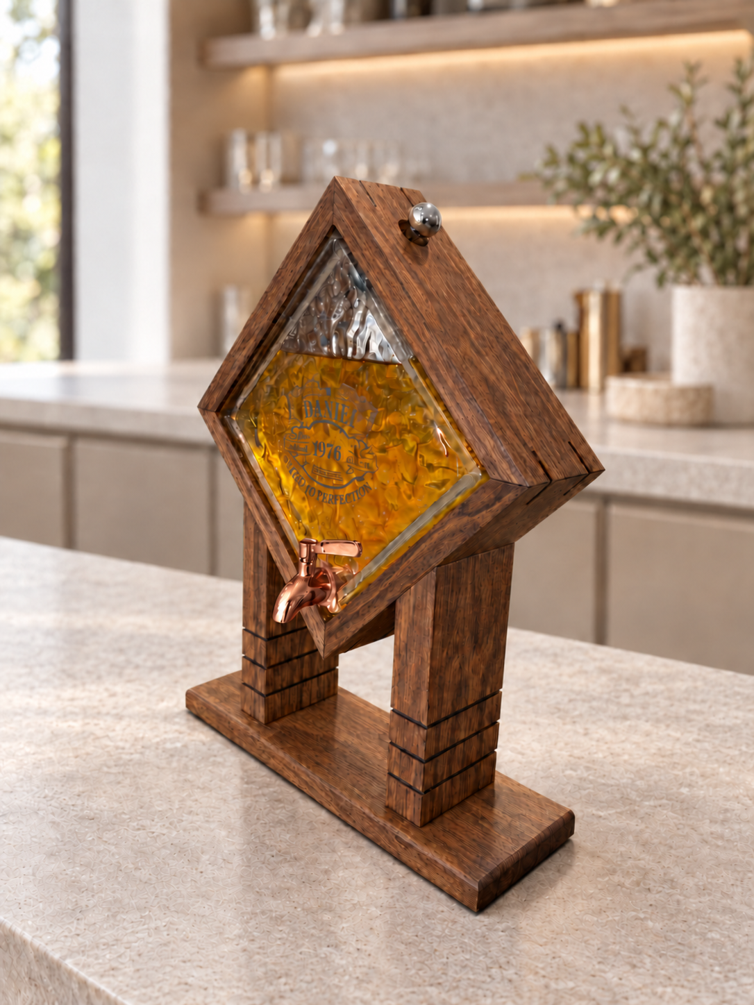 Custom laser engraving on textured glass whiskey dispenser in walnut stain filled with amber whisky with copper spigot 