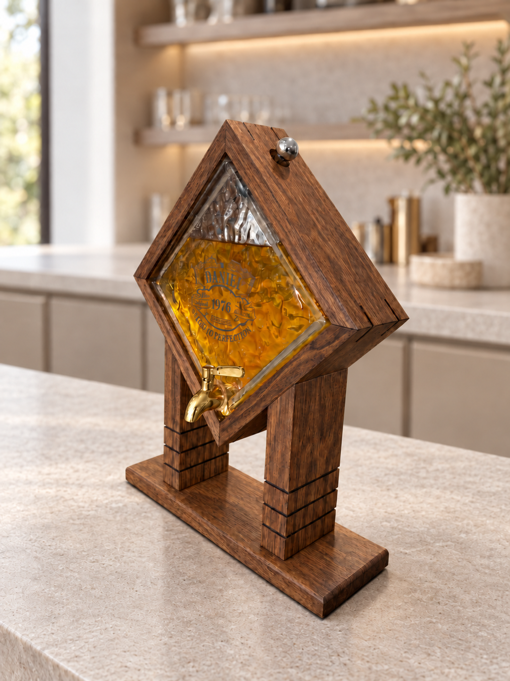 Custom laser engraving on textured glass whiskey dispenser in walnut stain filled with amber whisky with gold spigot 