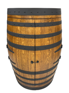 Half wine barrel bar in oak stain with matt black steel hoops