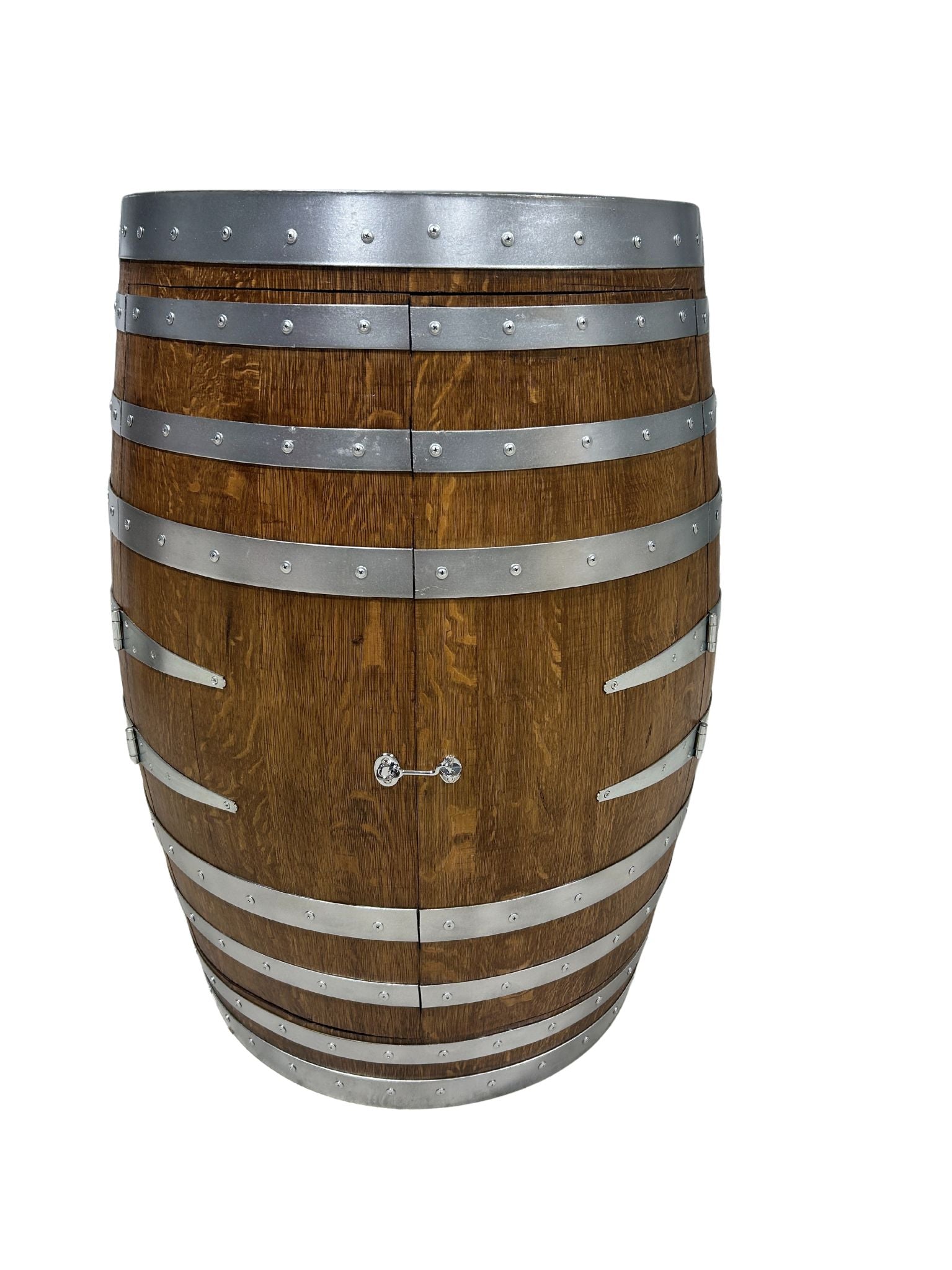 Handcrafted wine barrel mini bar with bottle and glass storage – rustic home bar furniture
