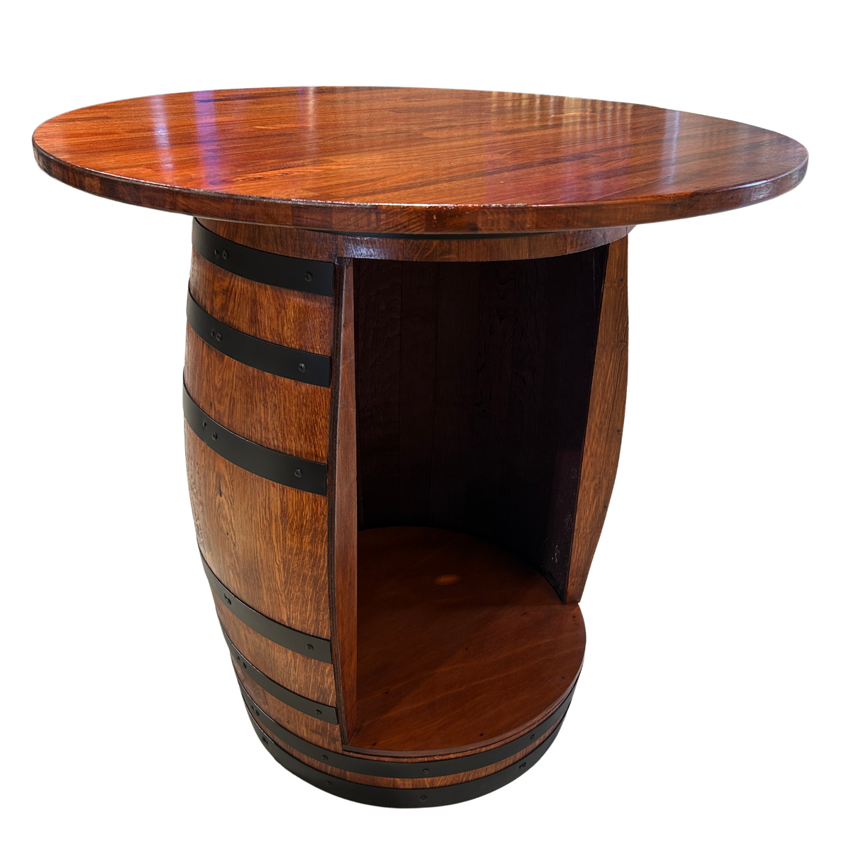 Wine barrel fridge cabinet with Tasmanian Oak top and satin black steel bands in jarrah stain, handcrafted in Australia.