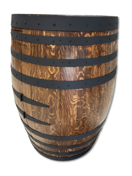 Handcrafted wine barrel mini bar with bottle and glass storage – rustic home bar furniture