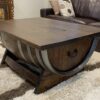 Rustic wine barrel coffee table with lift-top desk and hidden storage – handcrafted furniture for home or office