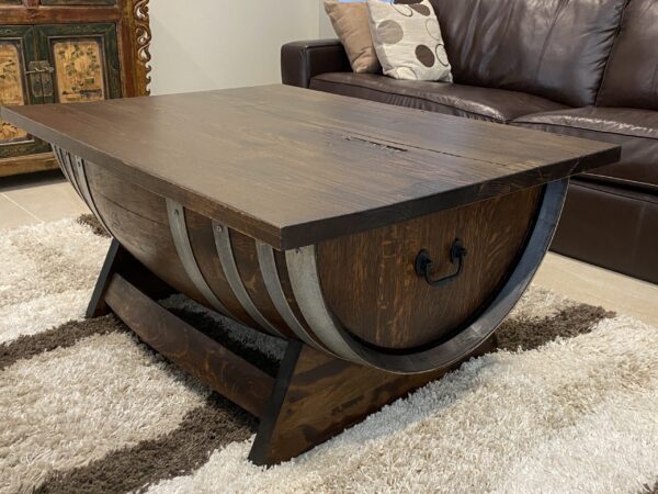 Rustic wine barrel coffee table with lift-top desk and hidden storage – handcrafted furniture for home or office