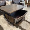 Rustic wine barrel coffee table with lift-top desk and hidden storage – handcrafted furniture for home or office