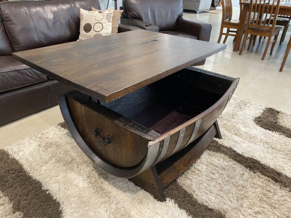 Rustic wine barrel coffee table with lift-top desk and hidden storage – handcrafted furniture for home or office