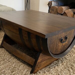 Rustic wine barrel coffee table with lift-top desk and hidden storage – handcrafted furniture for home or office