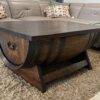 Rustic wine barrel coffee table with lift-top desk and hidden storage – handcrafted furniture for home or office