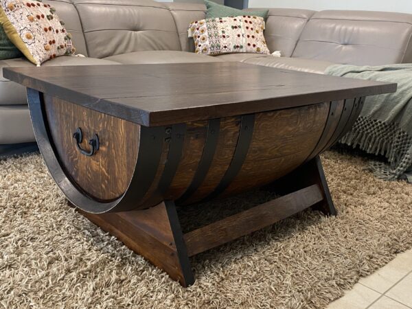 Rustic wine barrel coffee table with lift-top desk and hidden storage – handcrafted furniture for home or office