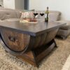 Rustic wine barrel coffee table with lift-top desk and hidden storage – handcrafted furniture for home or office