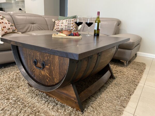 Rustic wine barrel coffee table with lift-top desk and hidden storage – handcrafted furniture for home or office