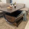 Rustic wine barrel coffee table with lift-top desk and hidden storage – handcrafted furniture for home or office