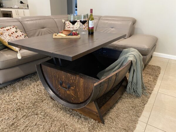 Rustic wine barrel coffee table with lift-top desk and hidden storage – handcrafted furniture for home or office