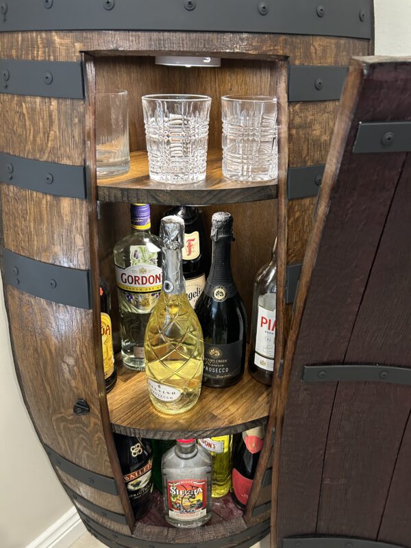Handcrafted wine barrel corner mini bar with storage – rustic home bar furniture