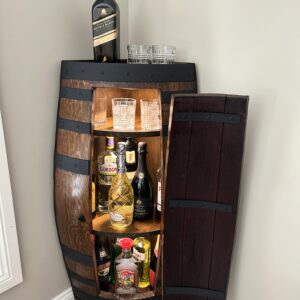 Handcrafted wine barrel corner mini bar with storage – rustic home bar furniture