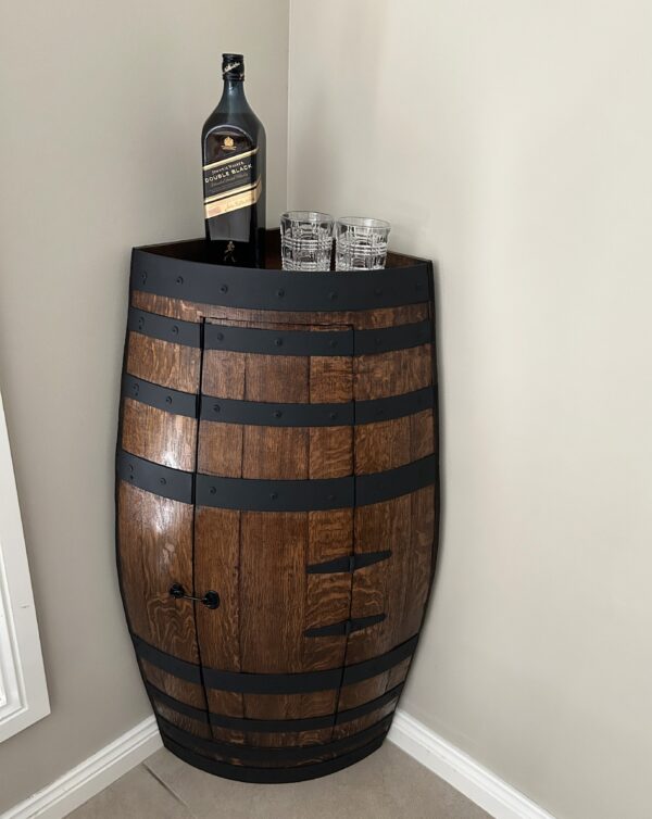 Handcrafted wine barrel corner mini bar with storage – rustic home bar furniture