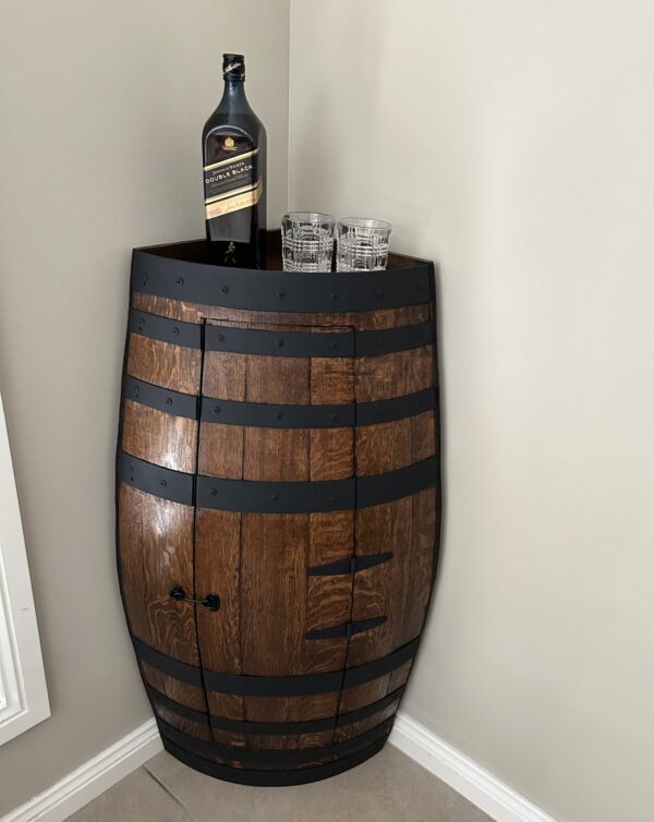 Handcrafted wine barrel corner mini bar with storage – rustic home bar furniture