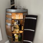 Handcrafted wine barrel corner mini bar with storage – rustic home bar furniture