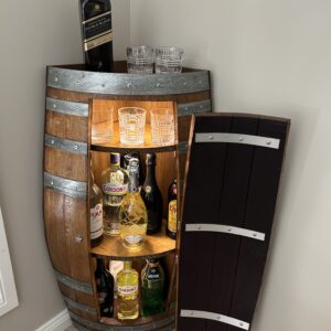 Handcrafted wine barrel corner mini bar with storage – rustic home bar furniture