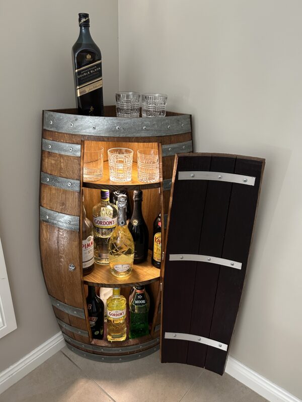 Handcrafted wine barrel corner mini bar with storage – rustic home bar furniture