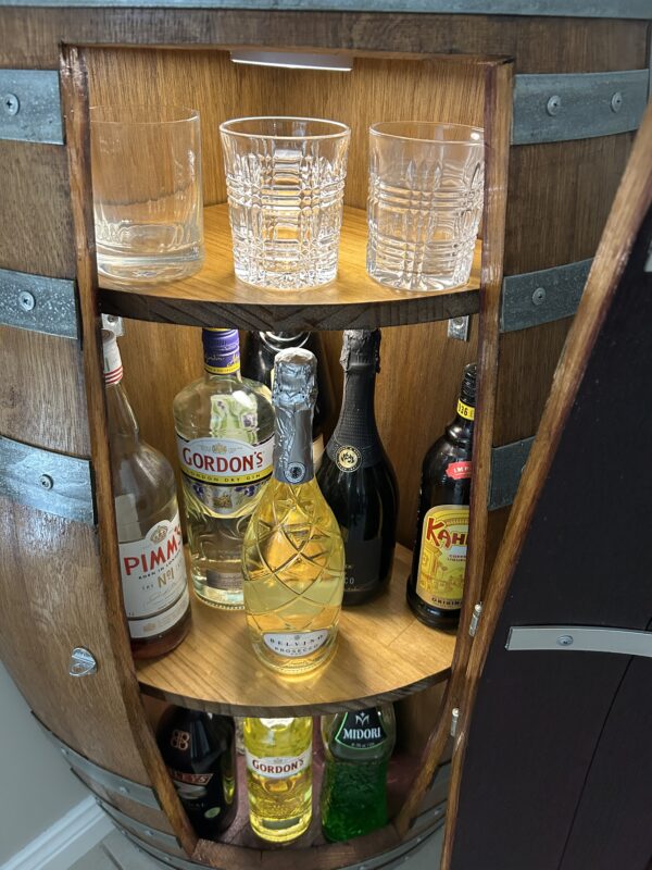 Handcrafted wine barrel corner mini bar with storage – rustic home bar furniture